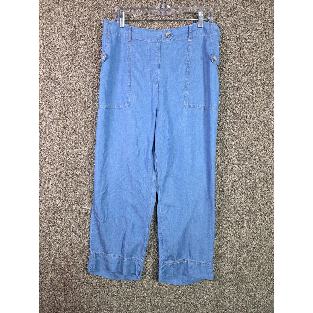 Zac & Rachel Wide Leg Crop Pants Women Large Blue Lyocell Chambray Utility - Picture 1 of 7